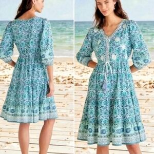 Soft Surroundings Nerissa Dress Sz PS 6/8 Embroidered Blue Print Beach Boho NWT
